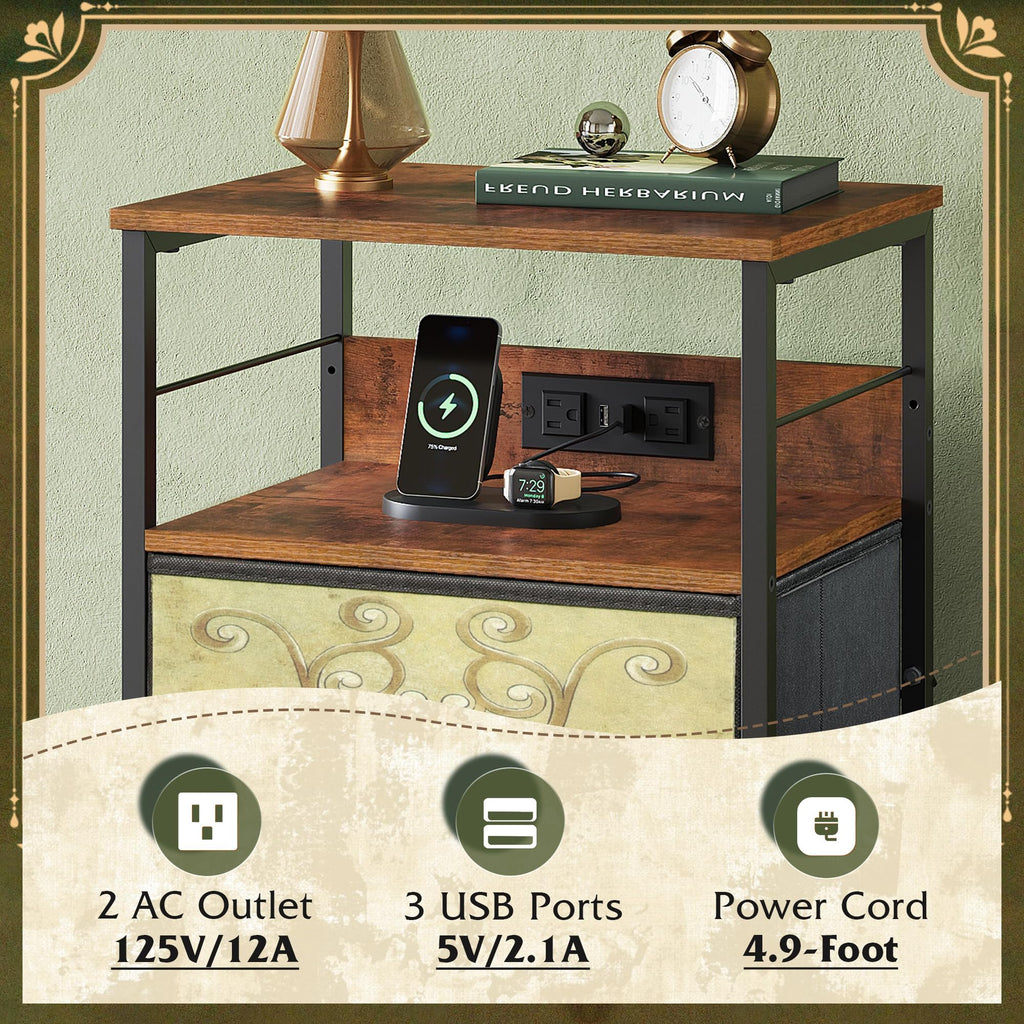 Night Stand with Charging Station, 3 Drawer Bedside Table B850