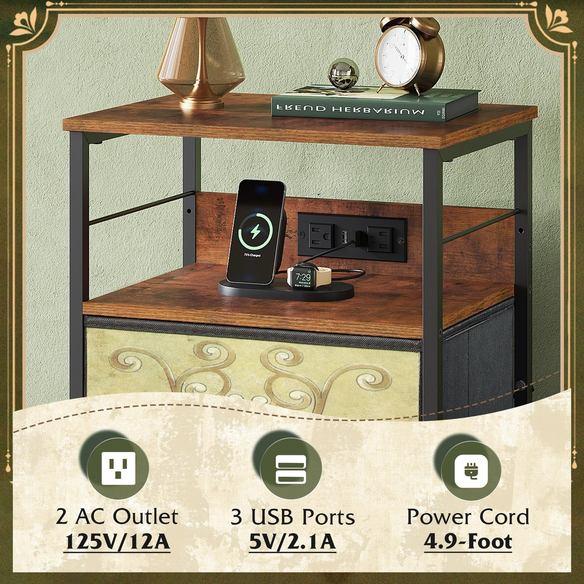 Night Stand with Charging Station, 3 Drawer Bedside Table B850