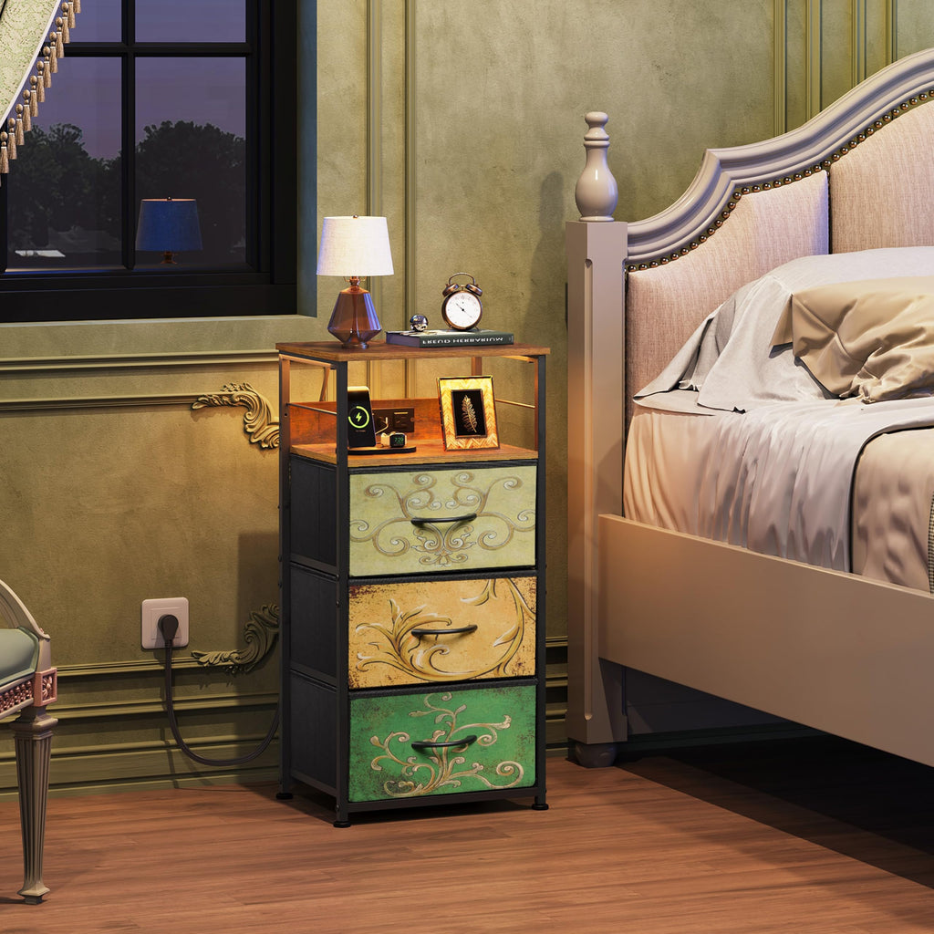 Night Stand with Charging Station, 3 Drawer Bedside Table B850
