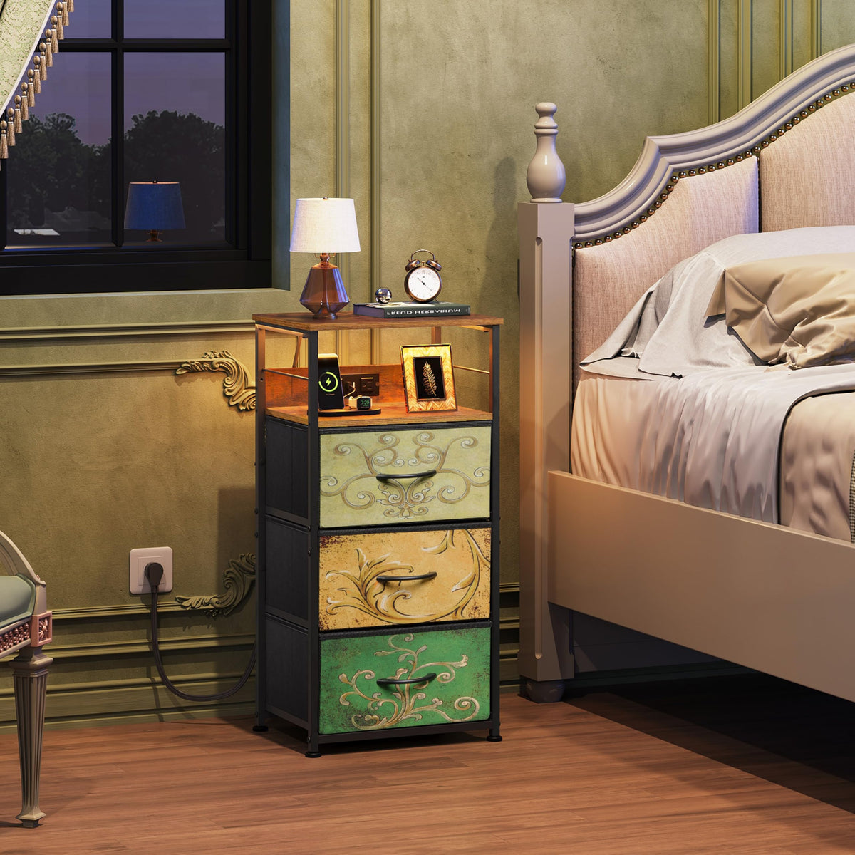 Night Stand with Charging Station, 3 Drawer Bedside Table B850