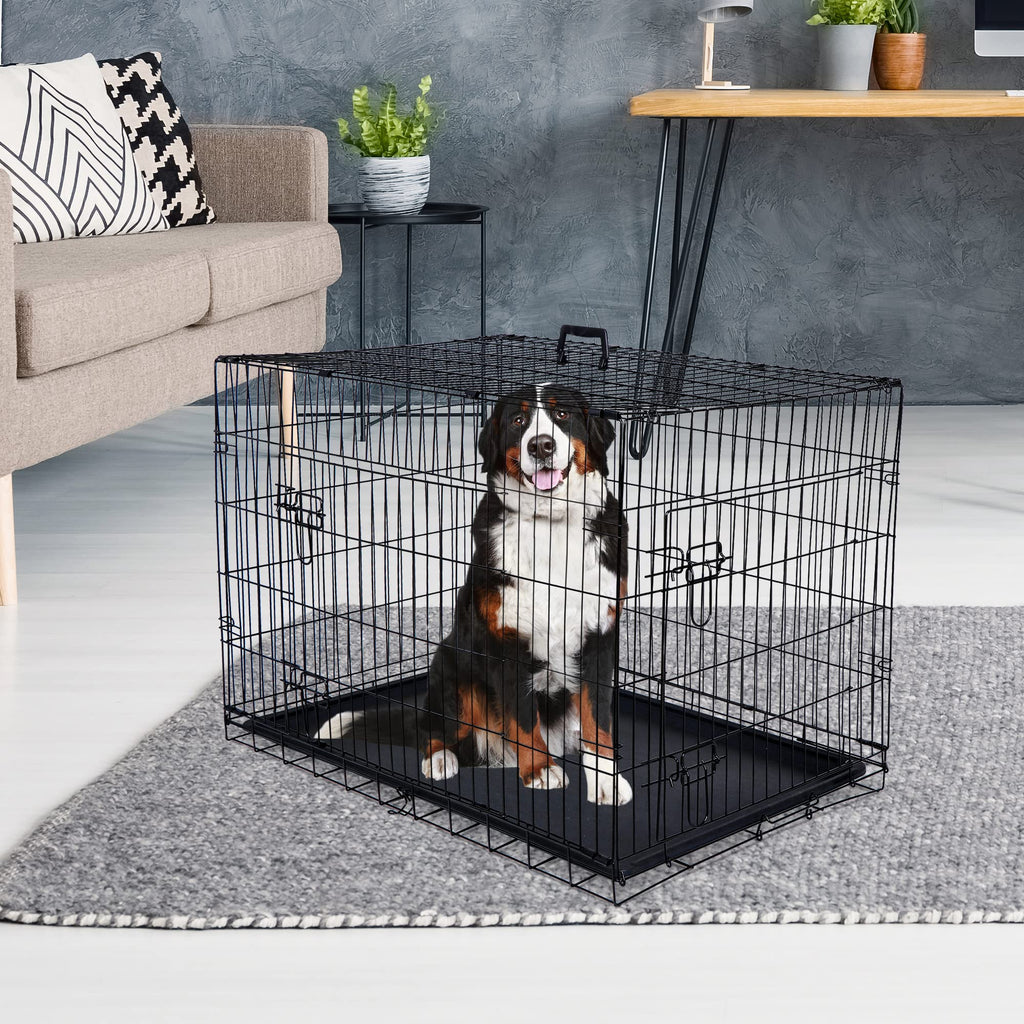 42 Inch Folding Metal Dog Crate with Tray and Handle X882757
