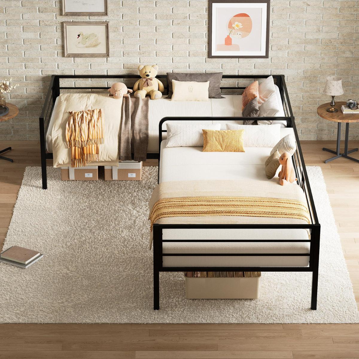 Black L Shaped Twin Beds with Rails Q83467